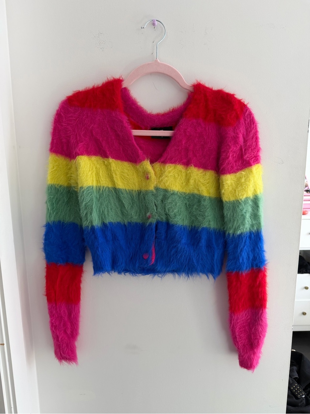Lazy Oaf Fuzzy Rainbow Stripe Crop Cardigan